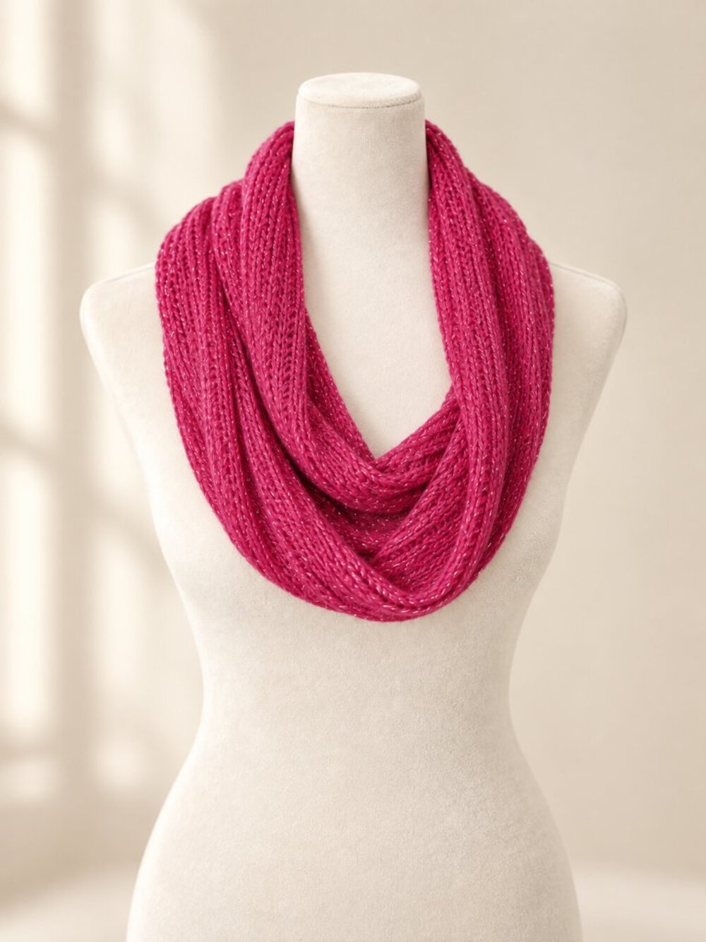 ISAAC MIZRAHI LIVE! 100% Cashmere Knit Infinity Scarf Bijou Pink Silver Metallic